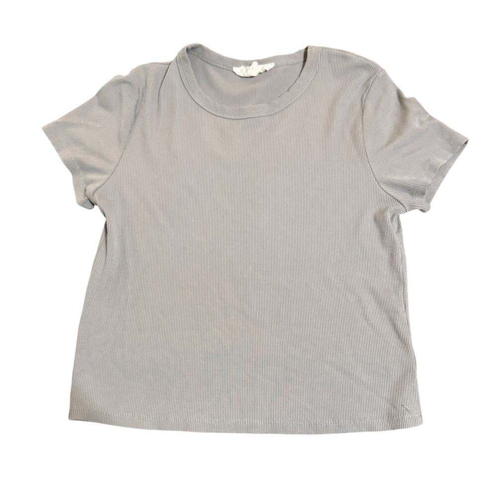 Olive & Oak‎ Size Large Ribbed Cropped Crew Neck Shirt Gray Modal Spandex Blend